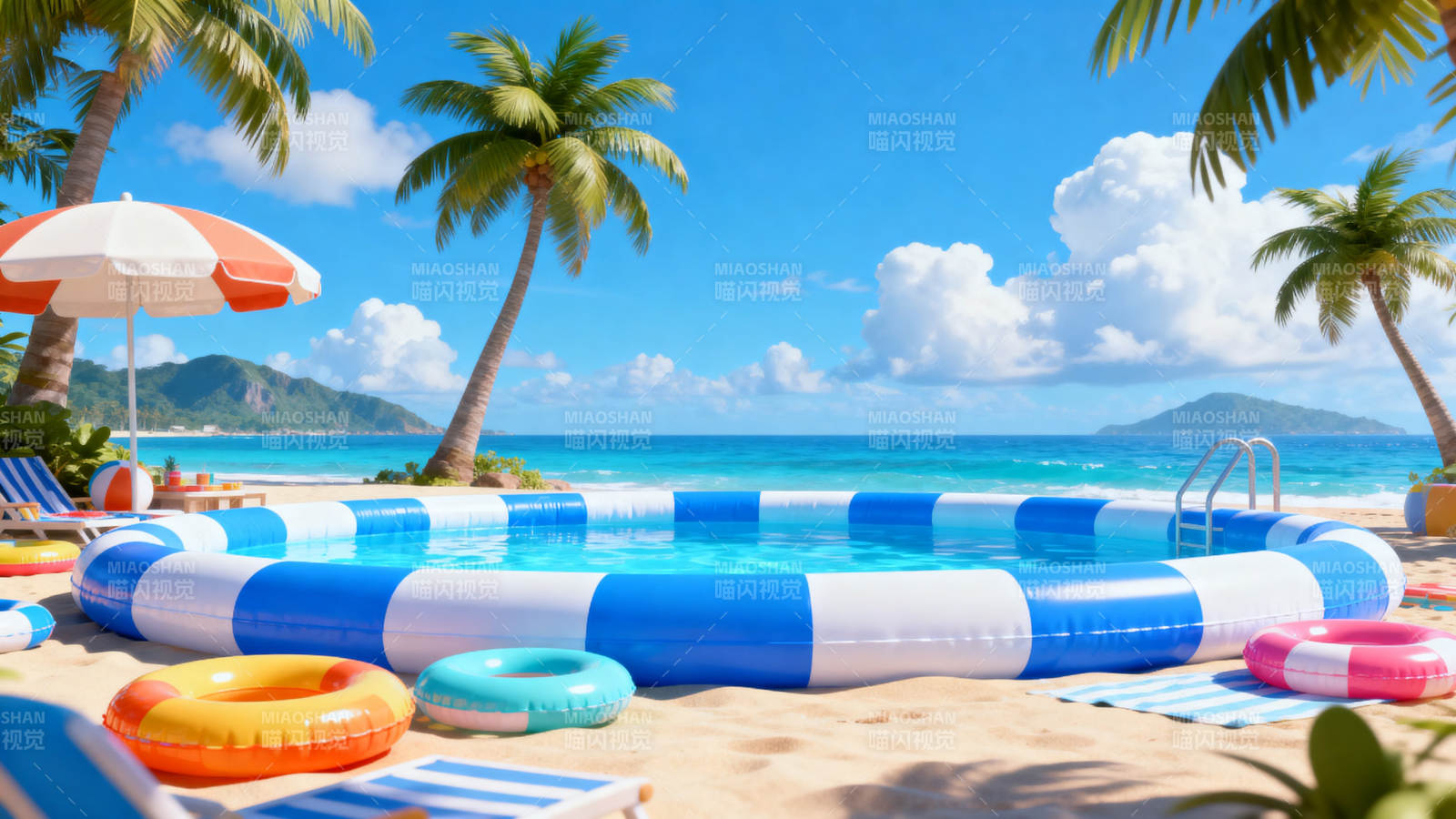 海滩充气泳池夏日度假图片