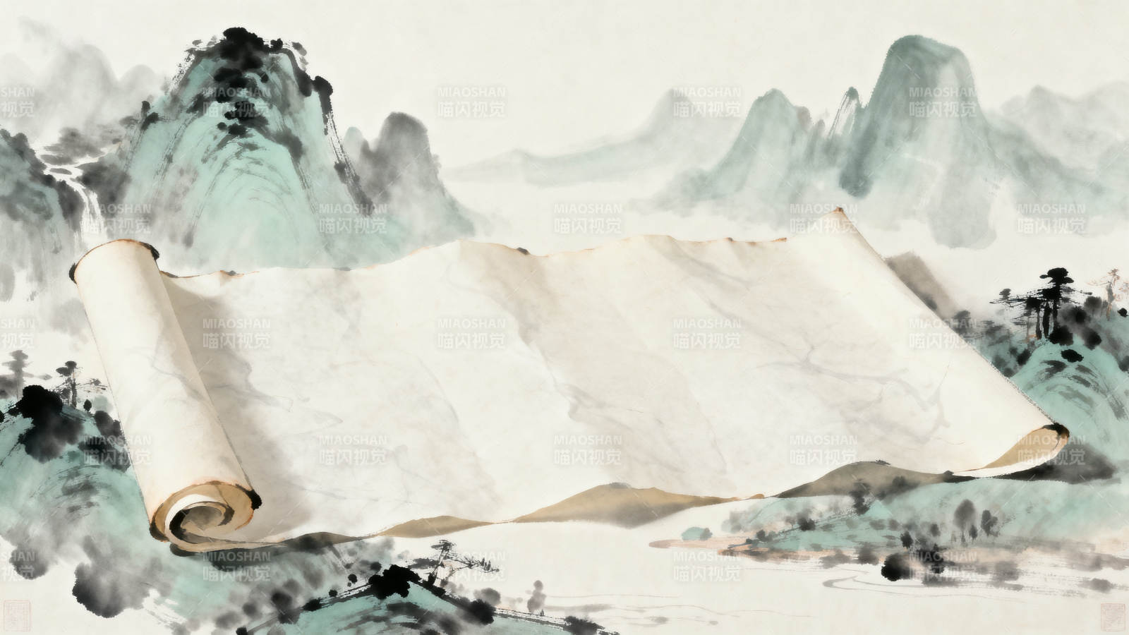 山水画中展开的卷轴图片