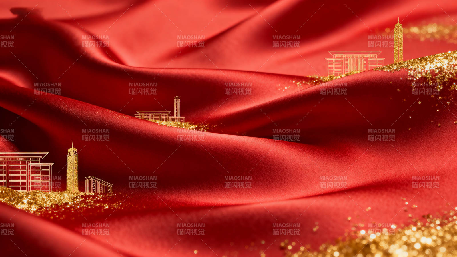 红色绸缎与金色建筑图片