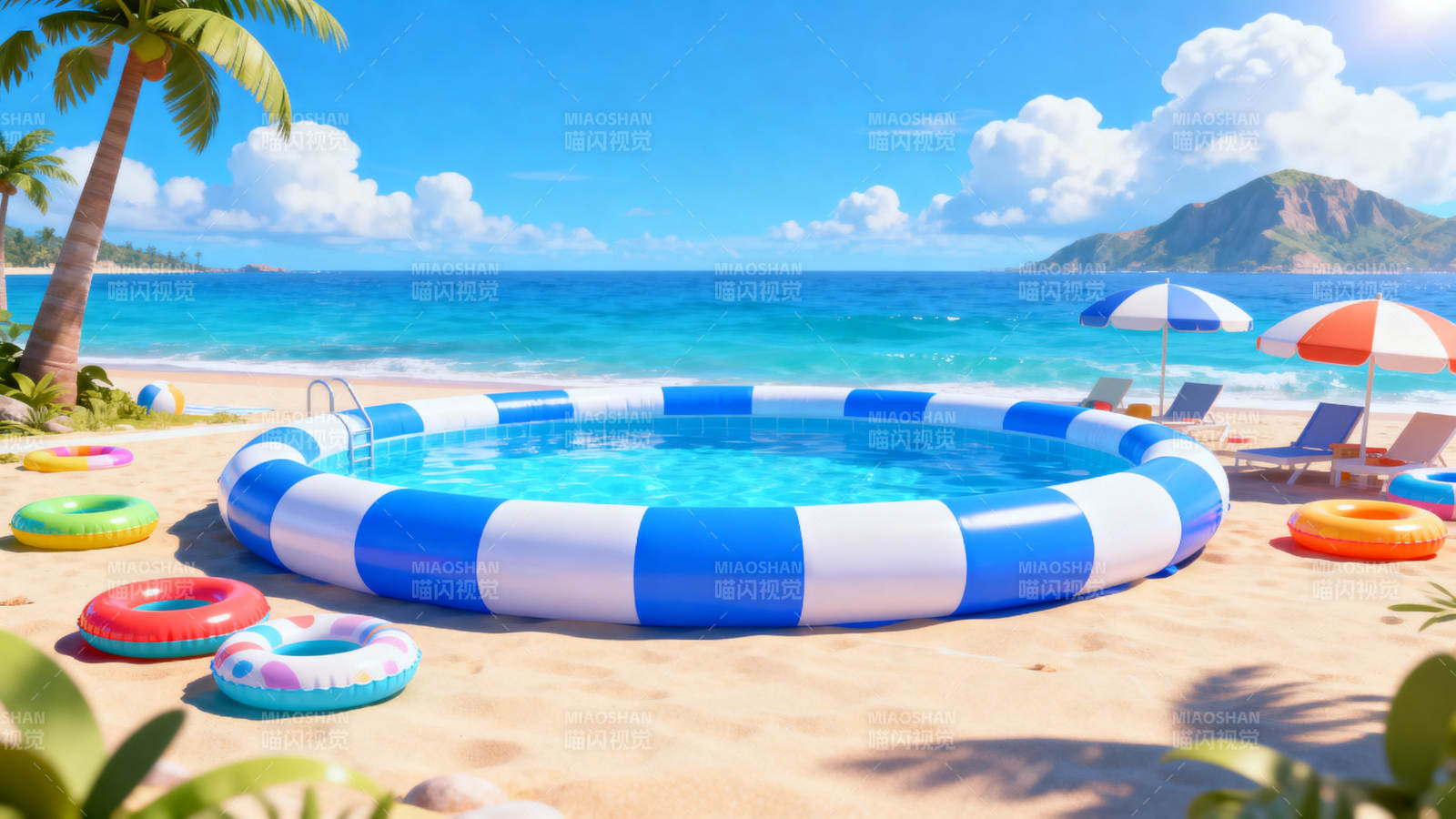 沙滩充气泳池夏日度假图片