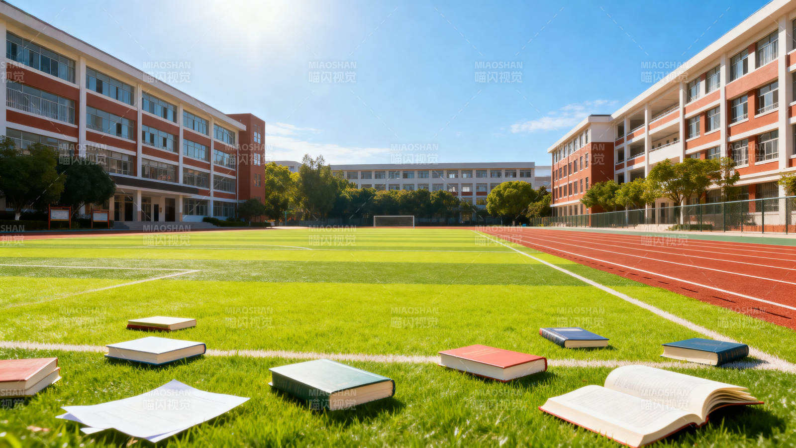 校园操场阳光下的书本图片