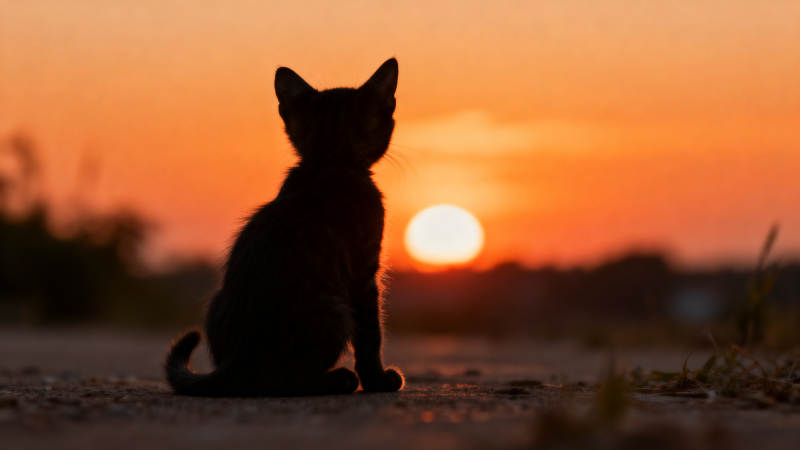 小猫背影与日落图片