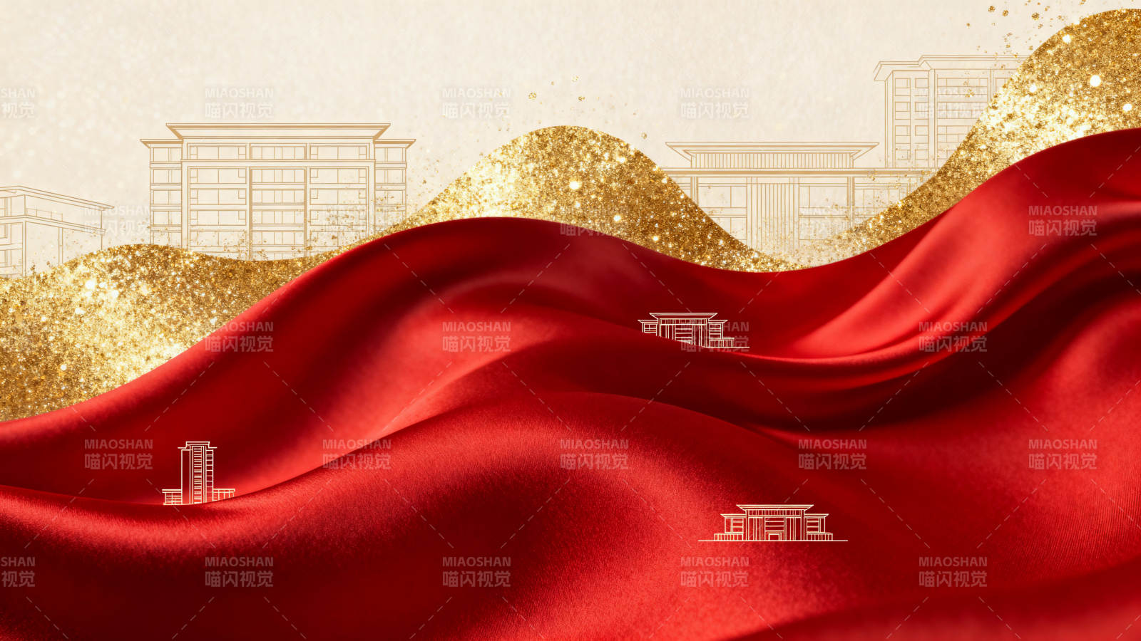 红色绸缎与金色背景图片