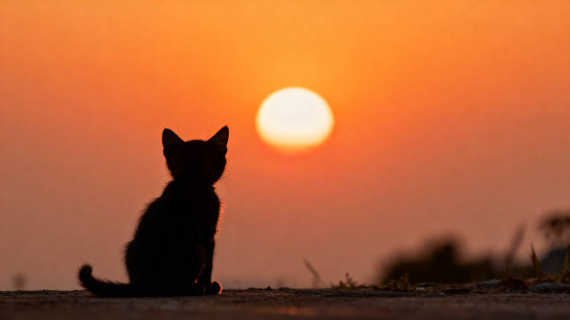 小猫剪影看日落图片