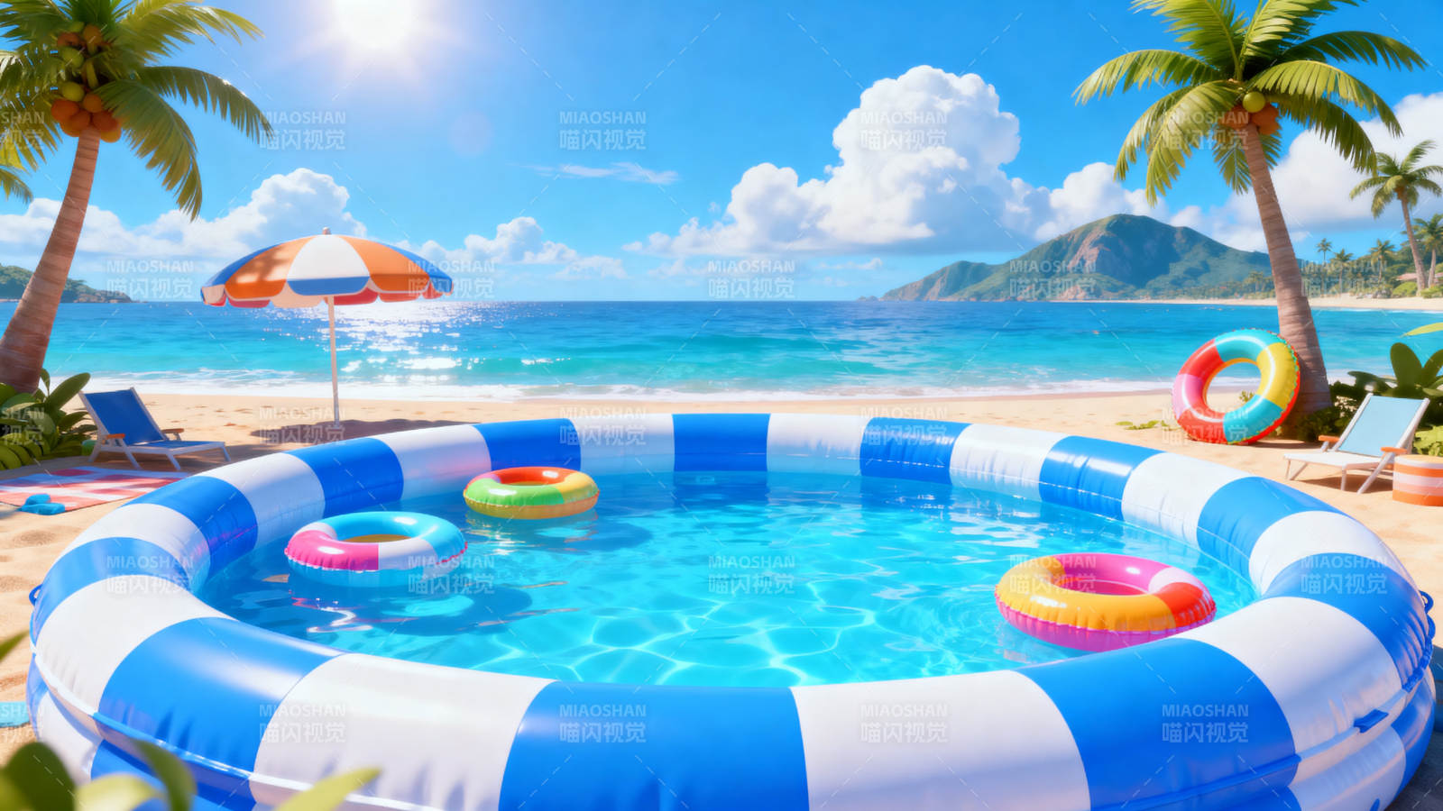 海滩充气泳池夏日度假图片