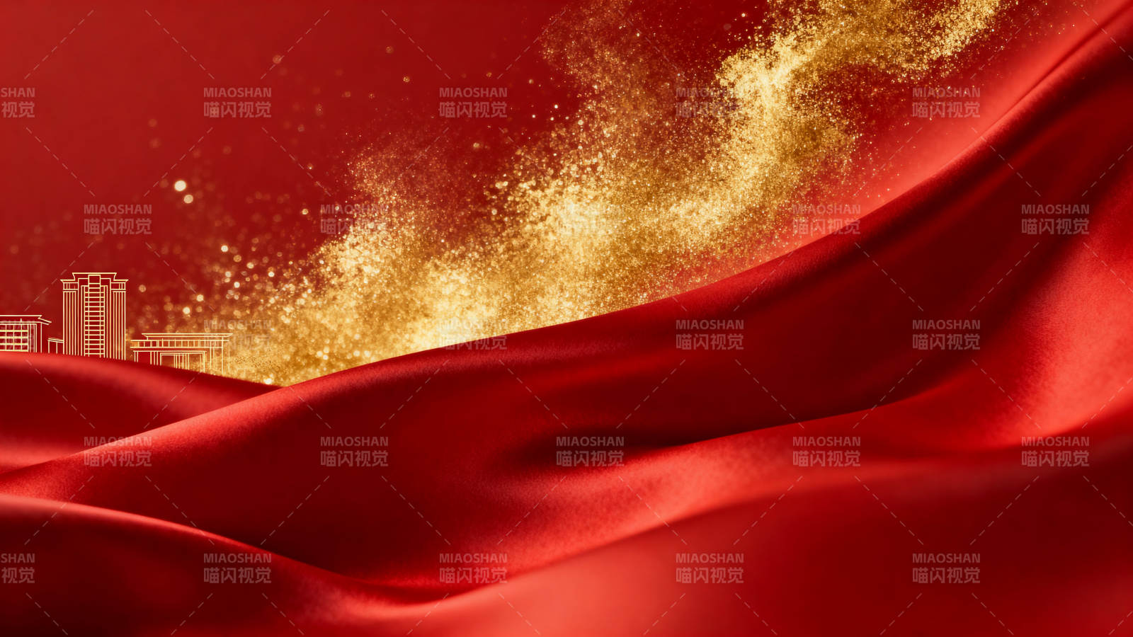 红色绸缎与金色粒子背景图片
