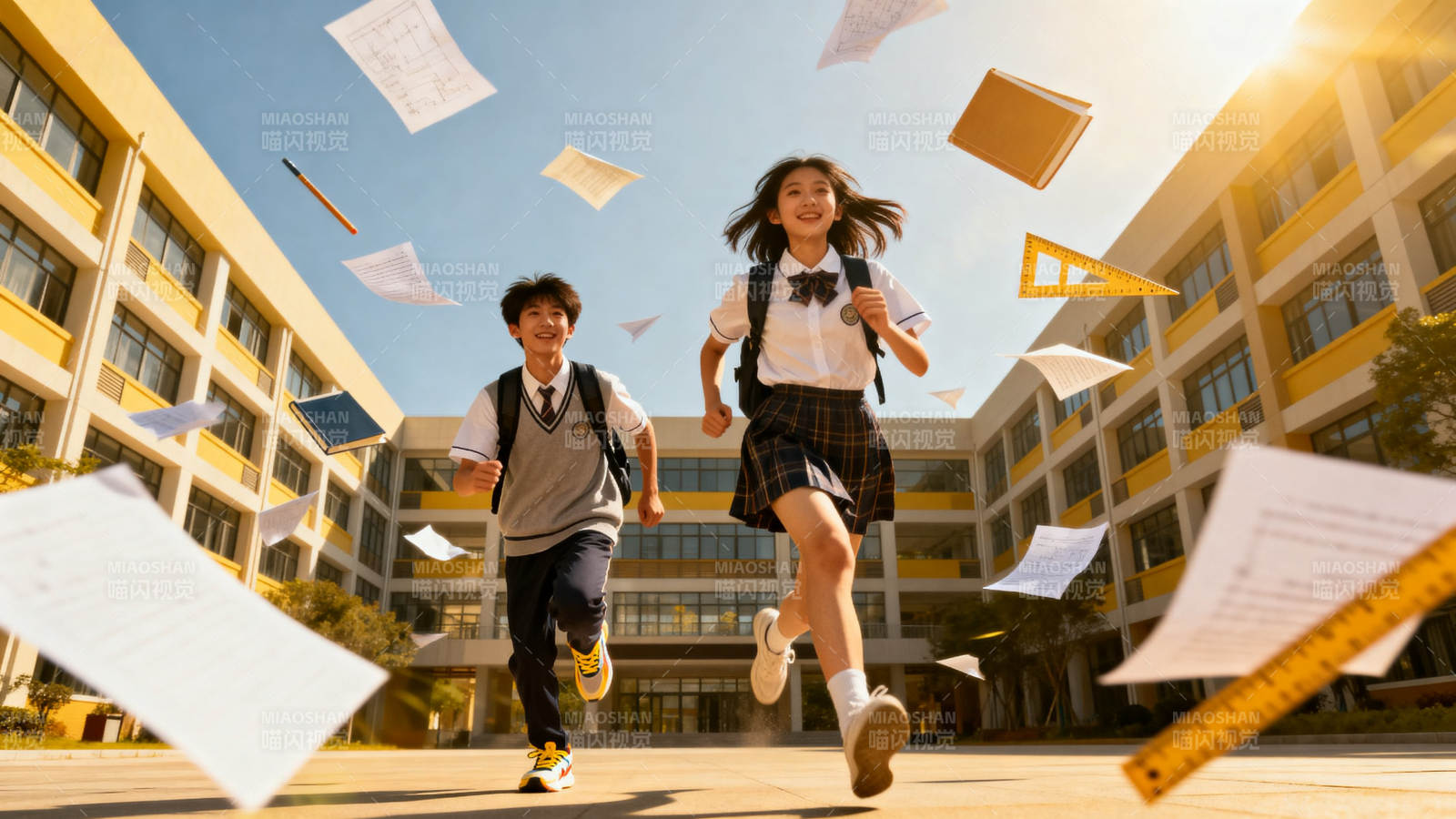 学生奔跑校园阳光图片