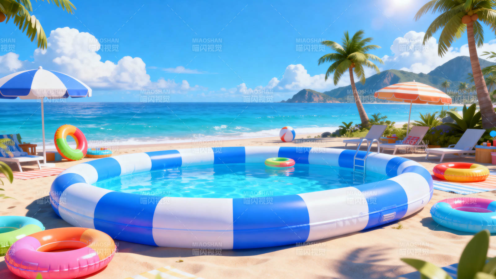 沙滩充气泳池夏日度假图片