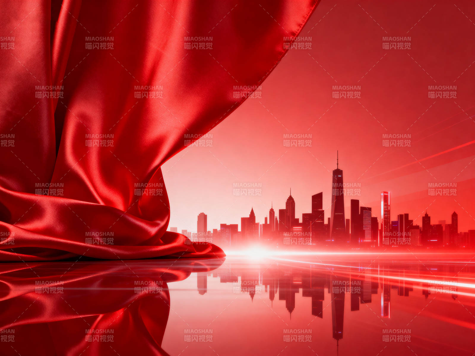红色幕布与城市天际线图片