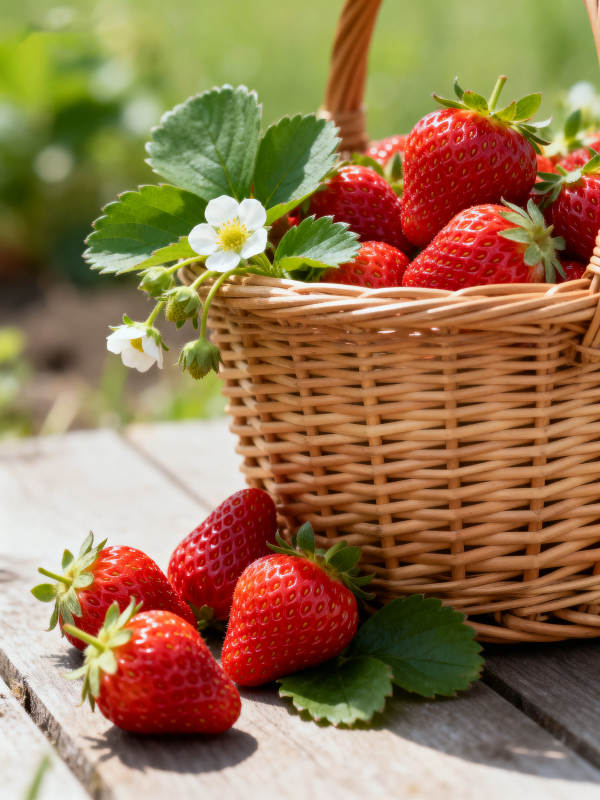 新鲜草莓装满藤篮图片