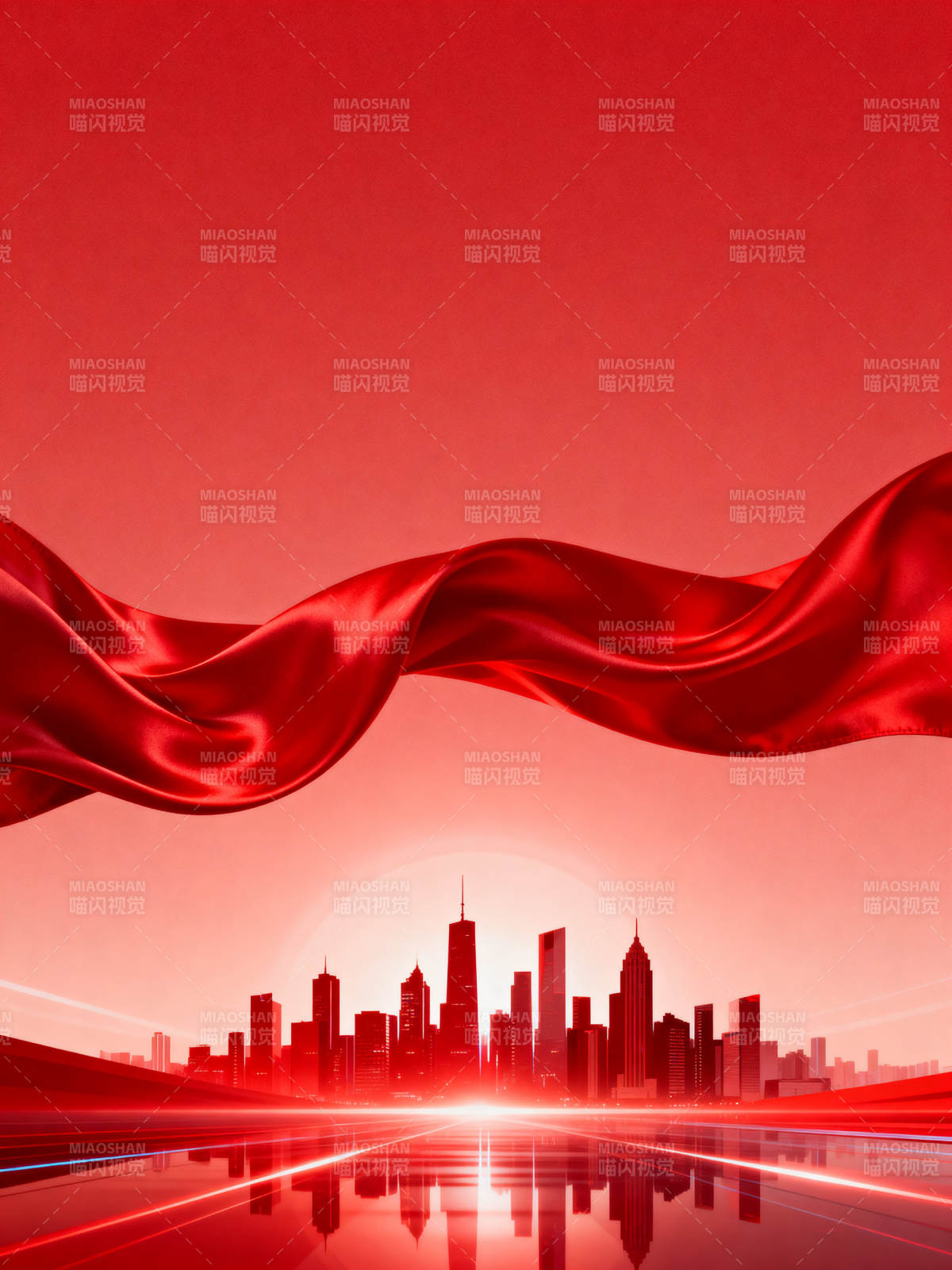城市天际线红色绸缎背景图片