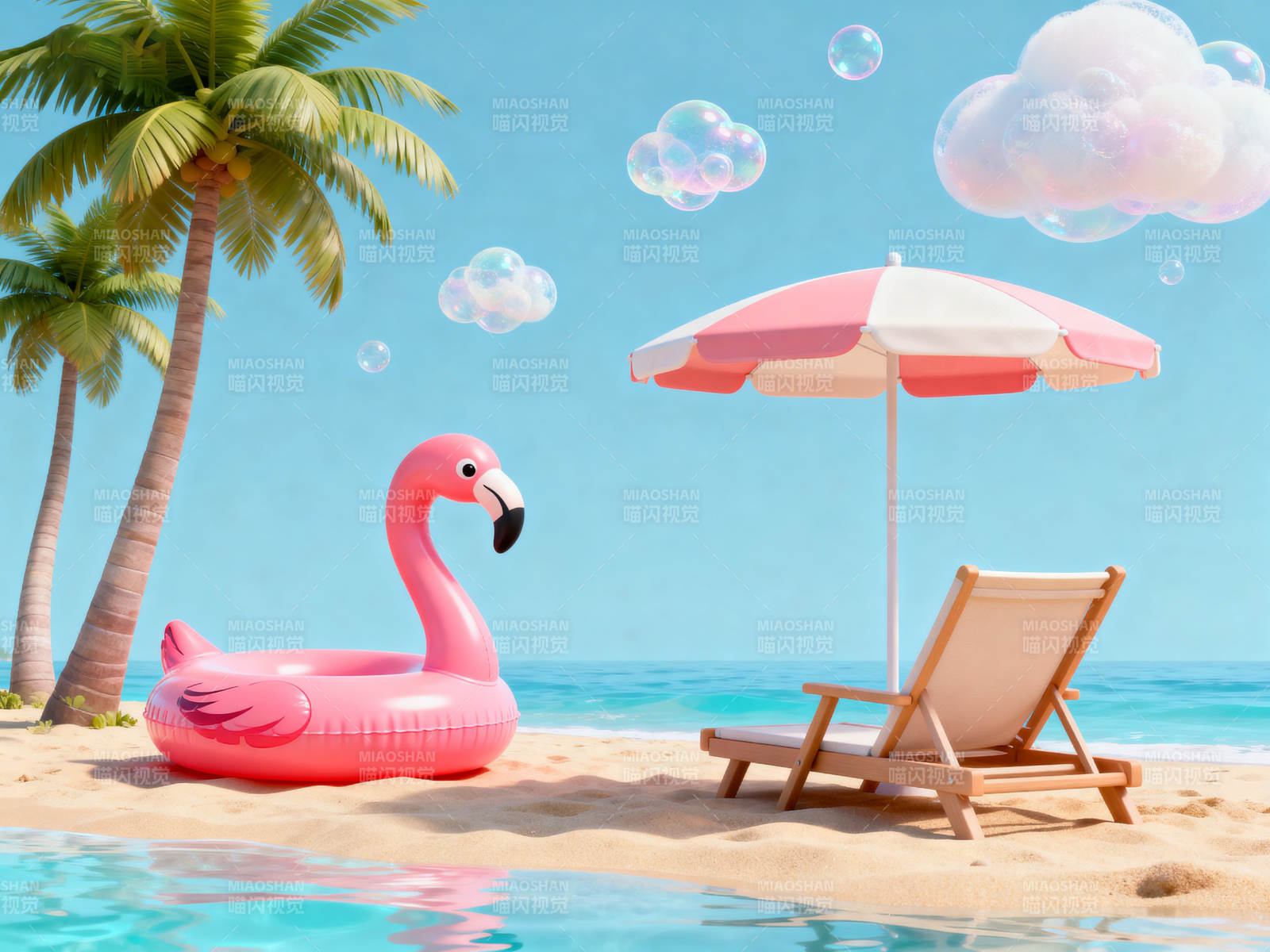 夏日海滩火烈鸟泳圈图片