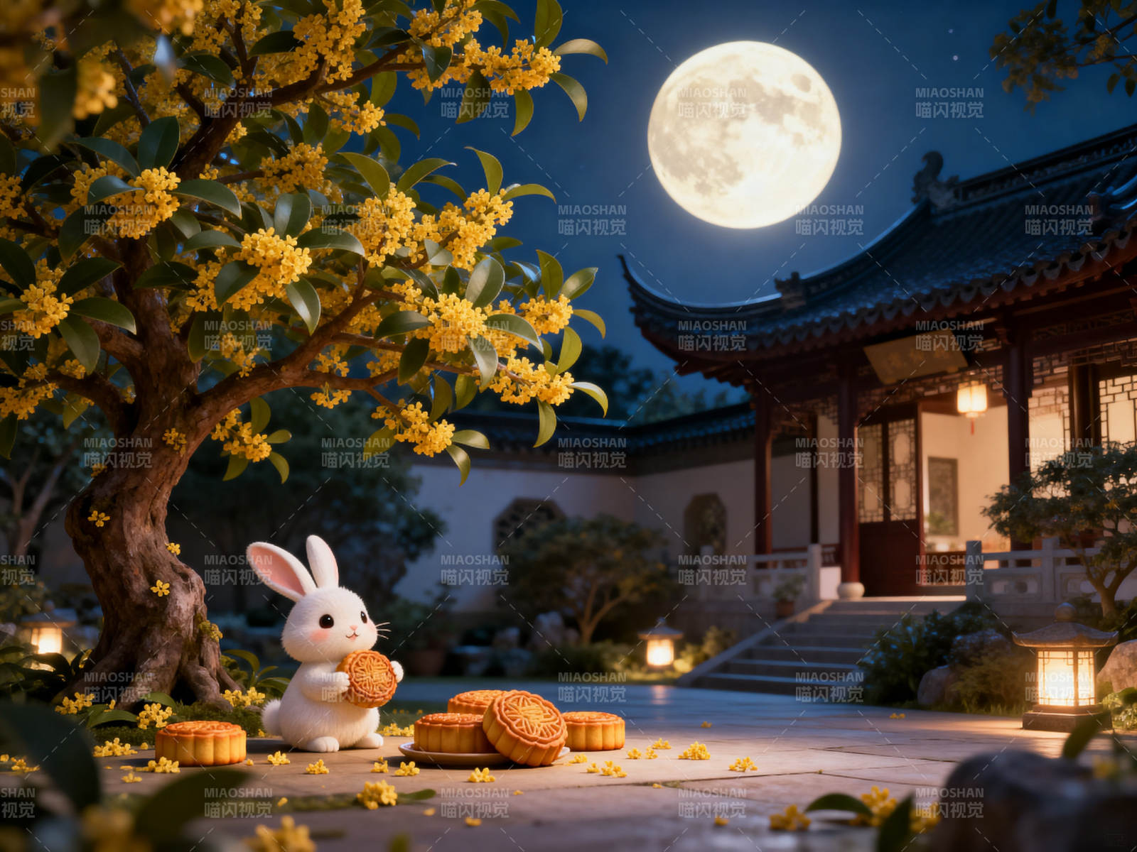 中秋月夜玉兔赏月图片