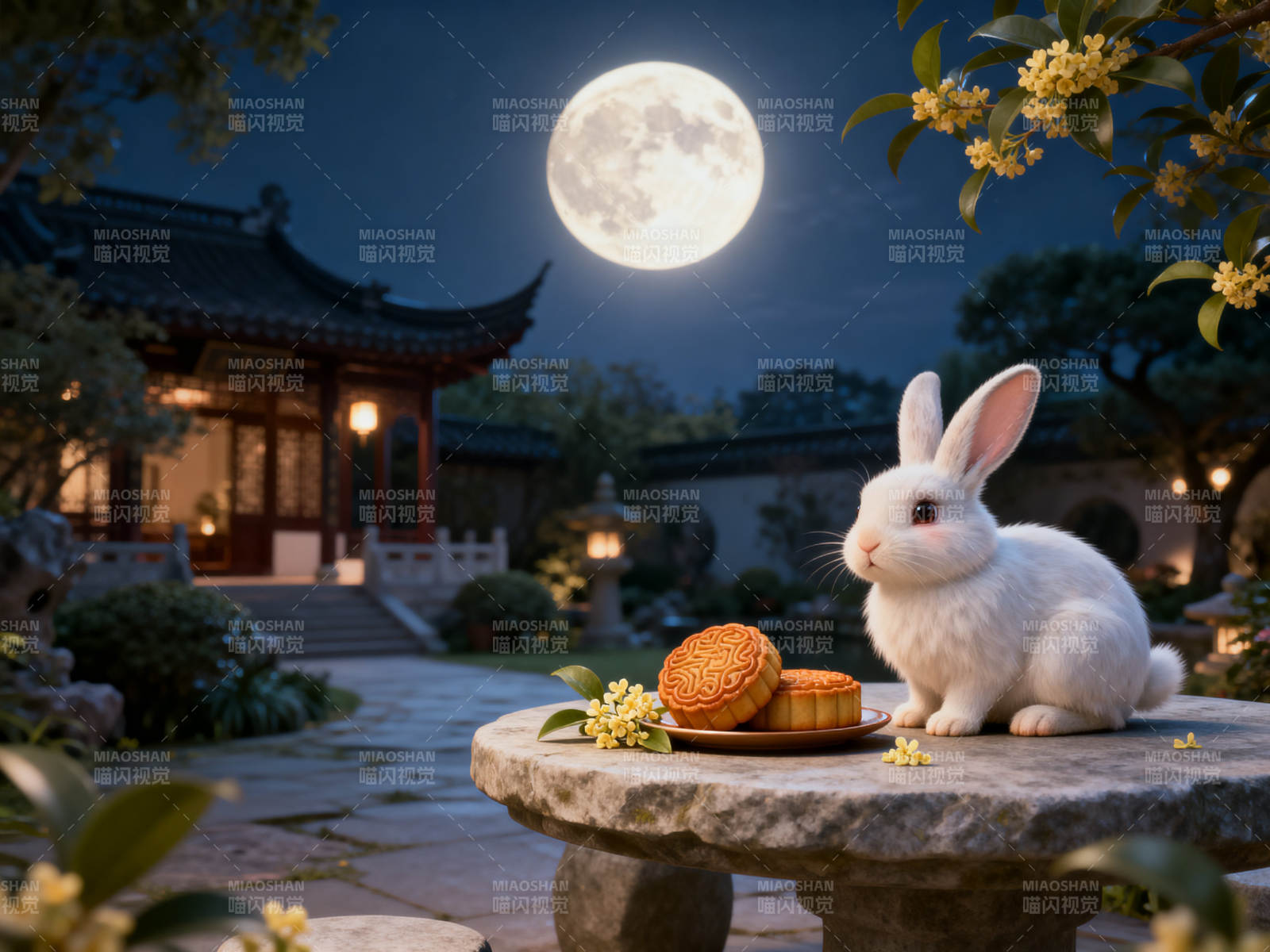 中秋月夜玉兔与月饼图片