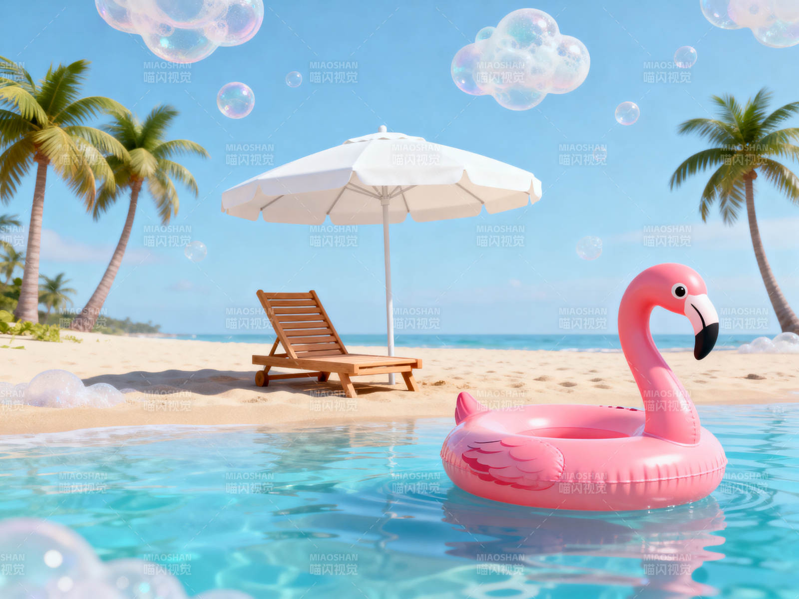 夏日海滩火烈鸟泳圈图片