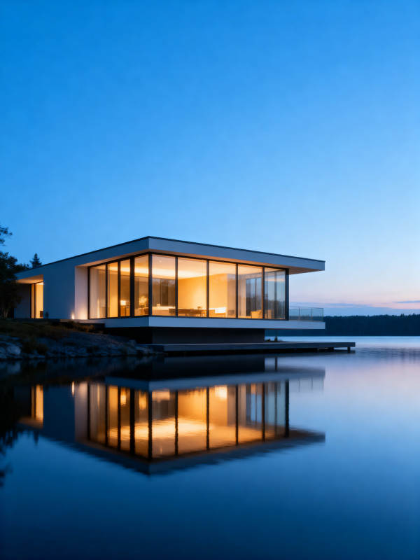 湖畔现代别墅夜景图片