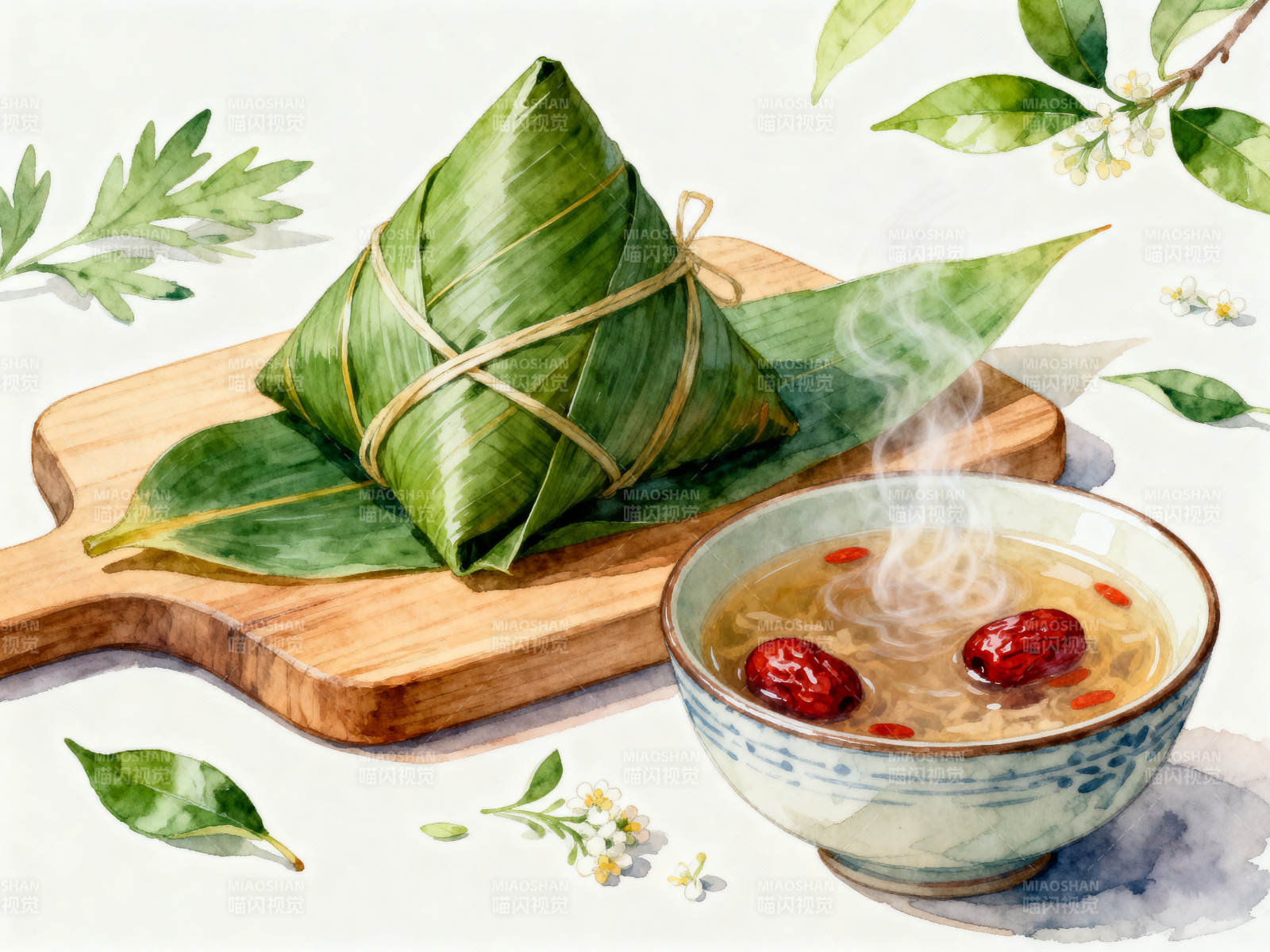 端午粽子与热汤图片