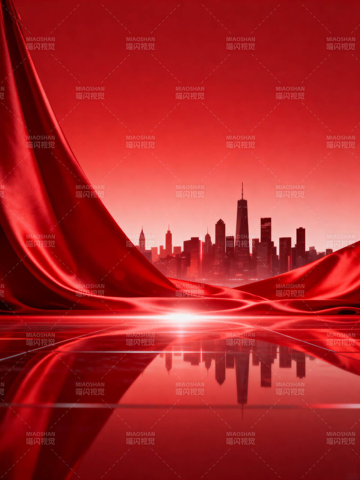 红色幕布与城市天际线图片