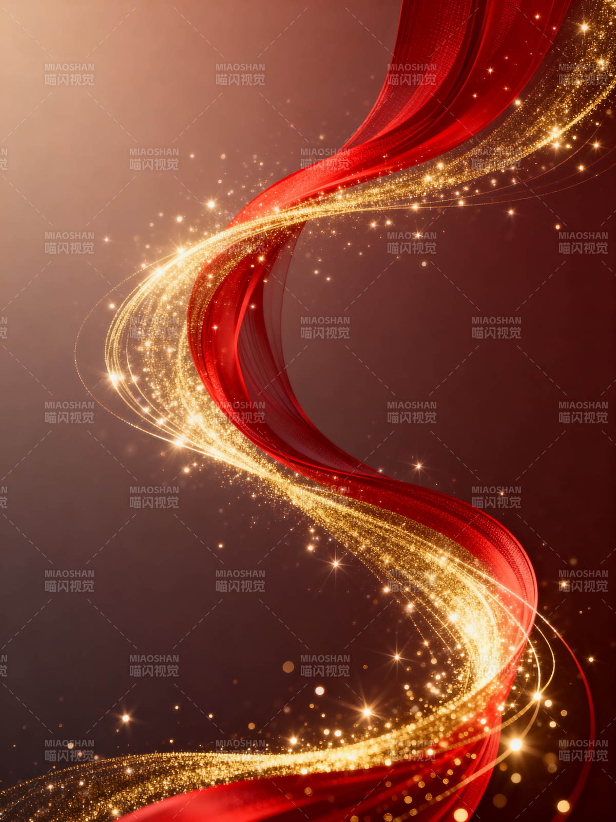 红色丝带与金色光效背景图片