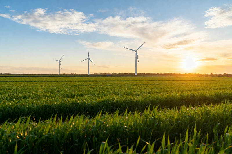 风电场日落绿色田野图片
