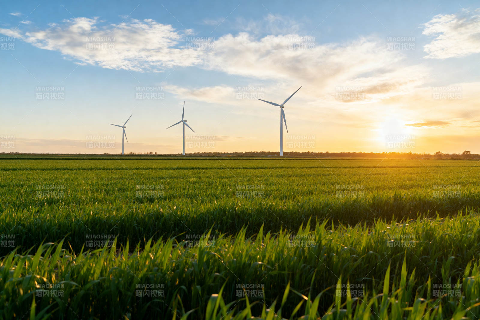 风电场日落绿色田野图片