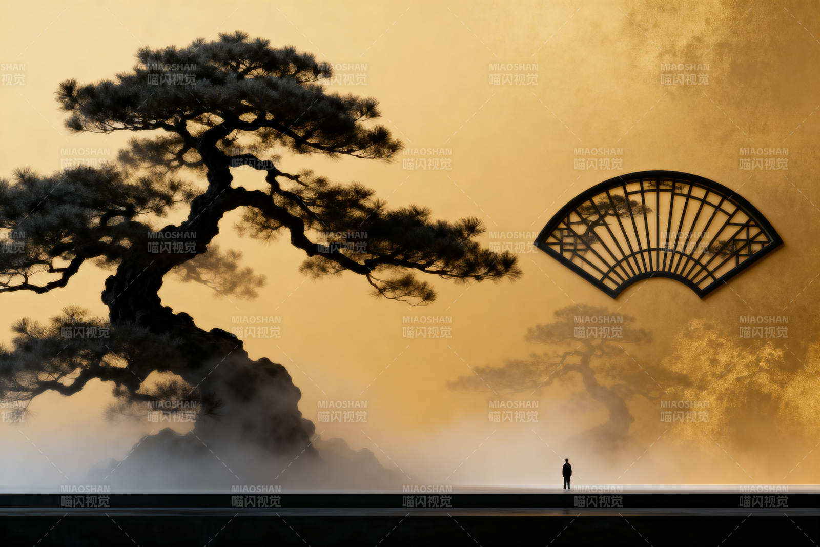 松树与扇窗的东方意境图片