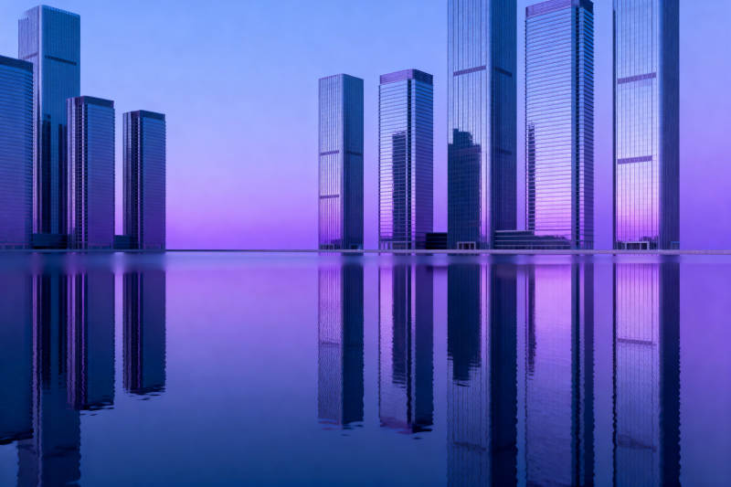 紫色天空下的高楼倒影图片