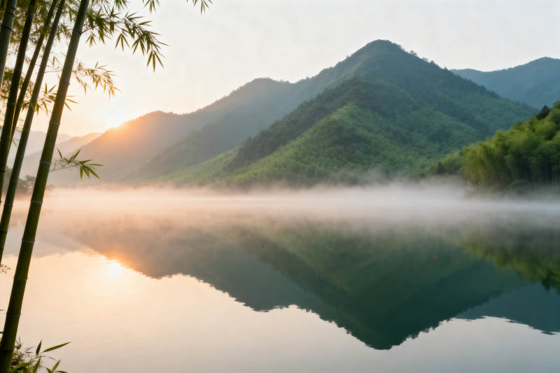 晨雾山湖竹林静谧图片