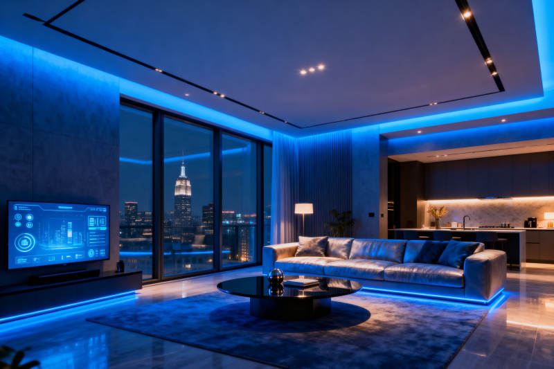 现代智能客厅蓝色氛围灯图片