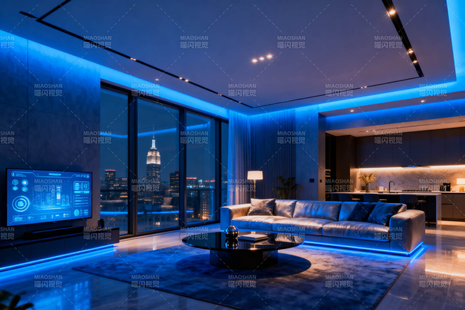 现代智能客厅蓝色氛围灯图片