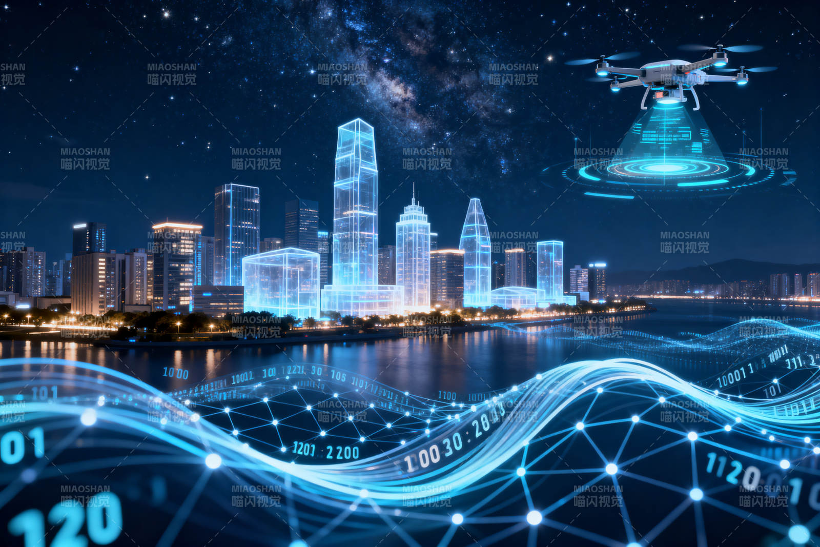 智慧城市无人机科技夜景图片