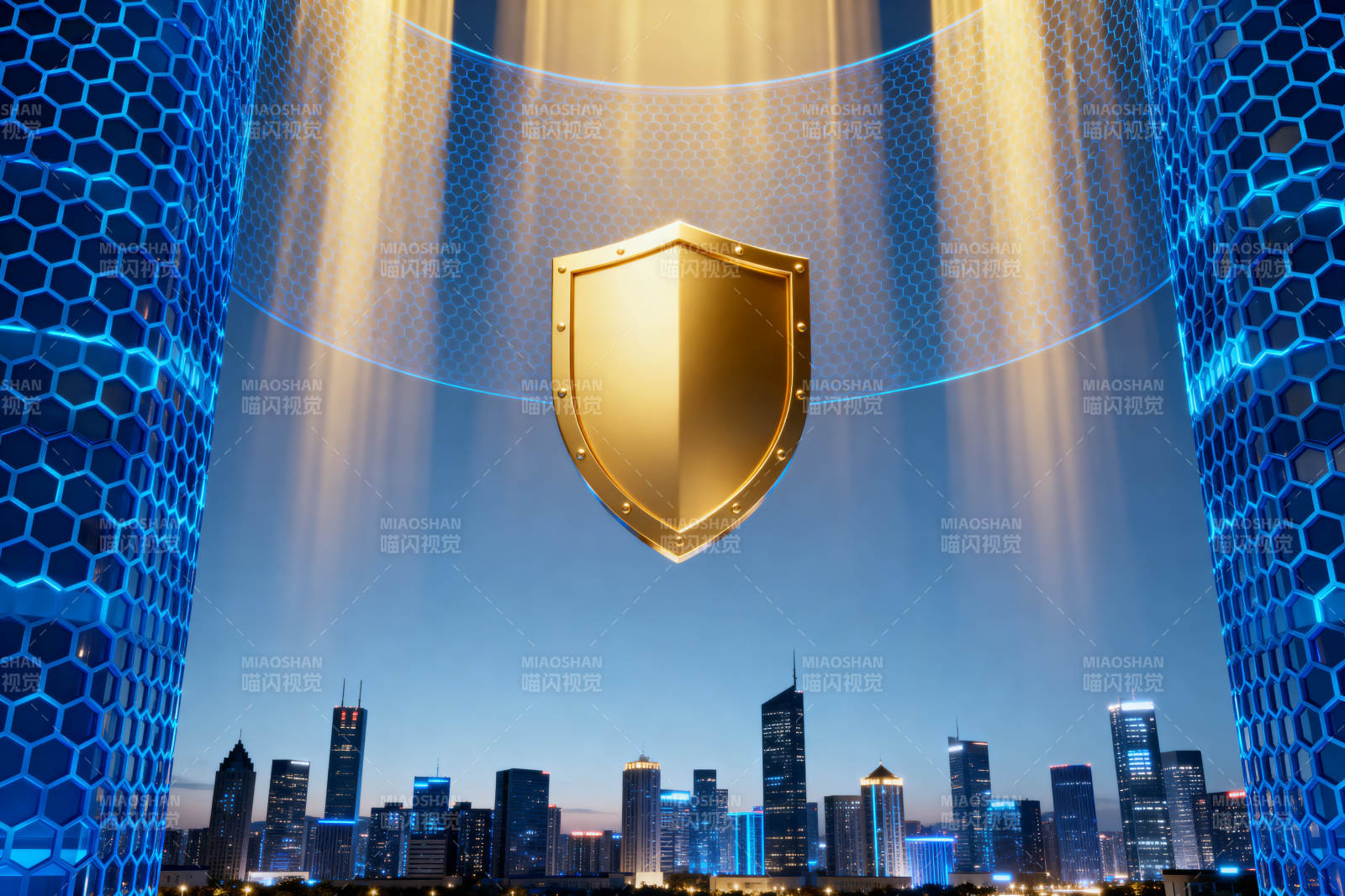 城市上空的金色盾牌防护图片