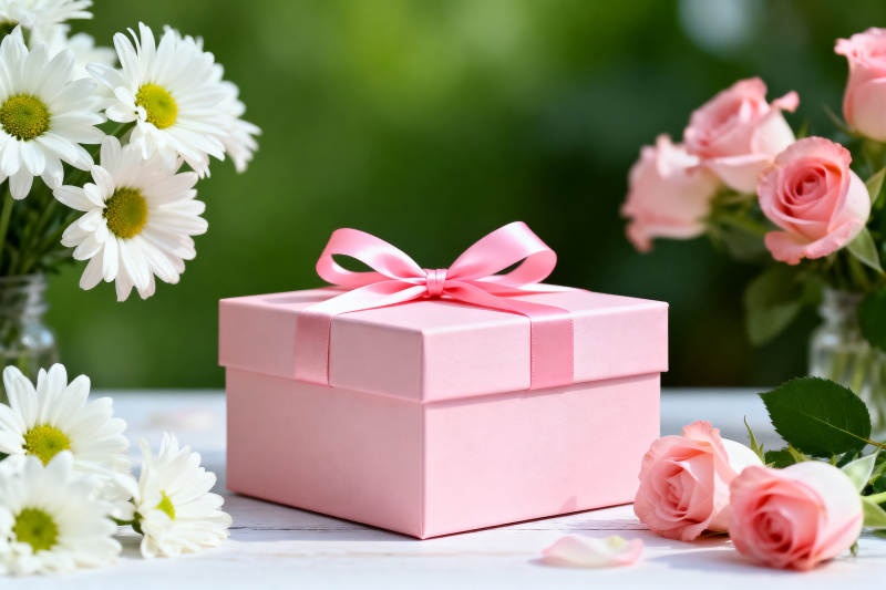 粉色礼物盒与鲜花图片