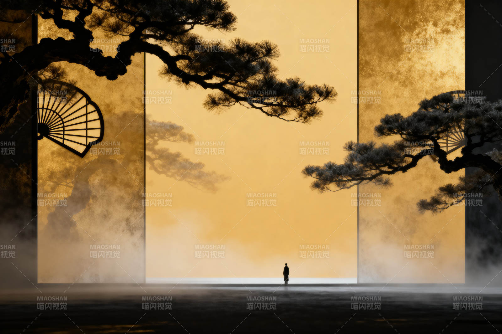 松树剪影与扇形装饰图片