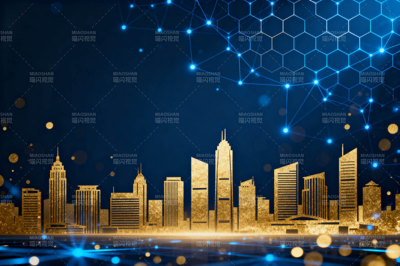 金色城市天际线与科技网络图片