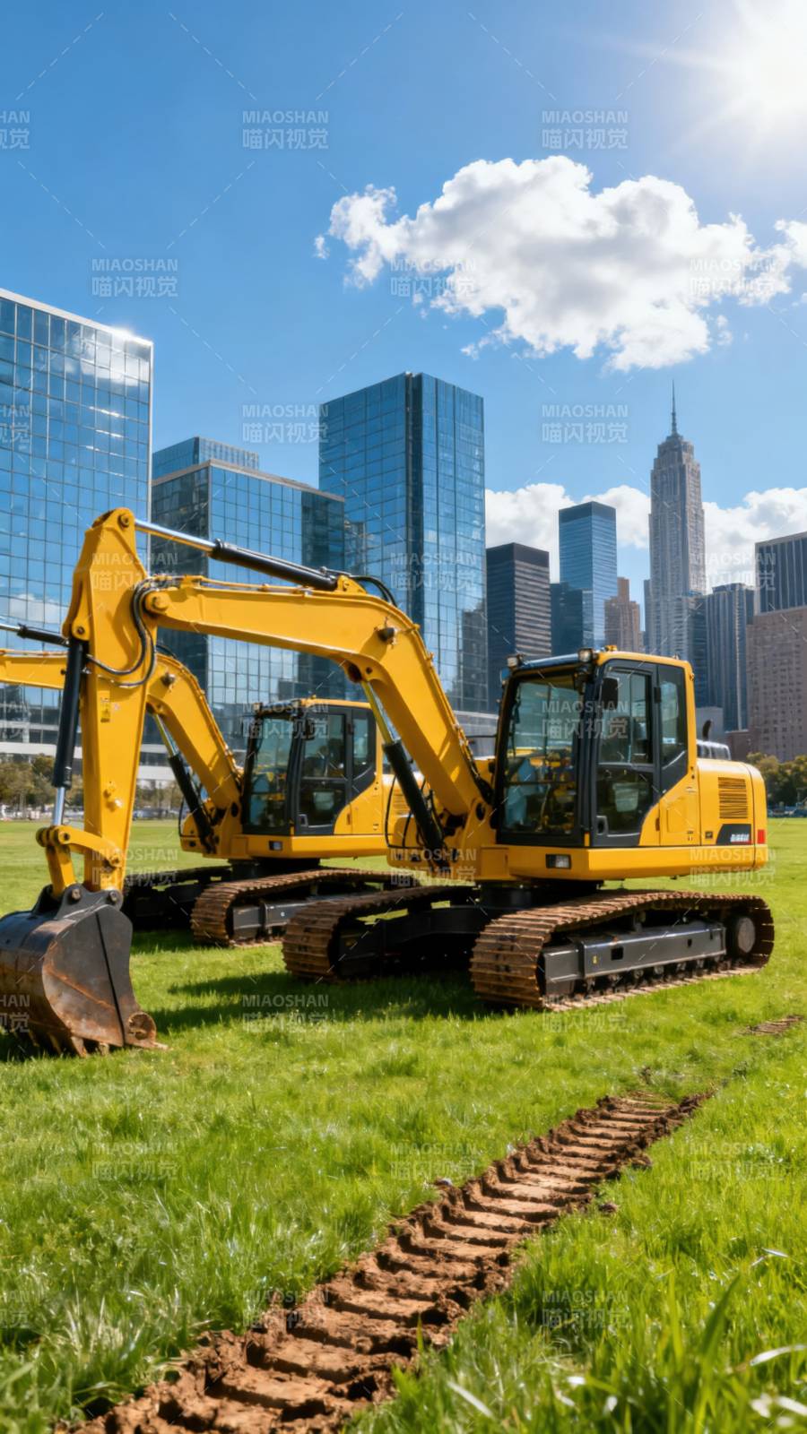 城市绿茵中的挖掘机图片