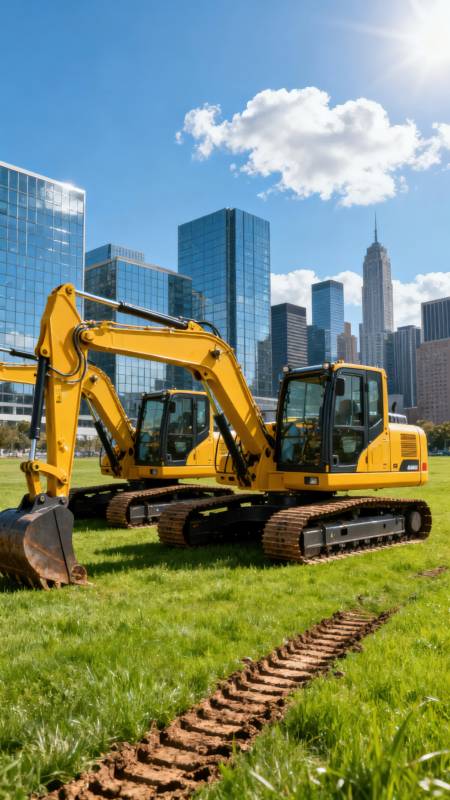 城市绿茵中的挖掘机图片