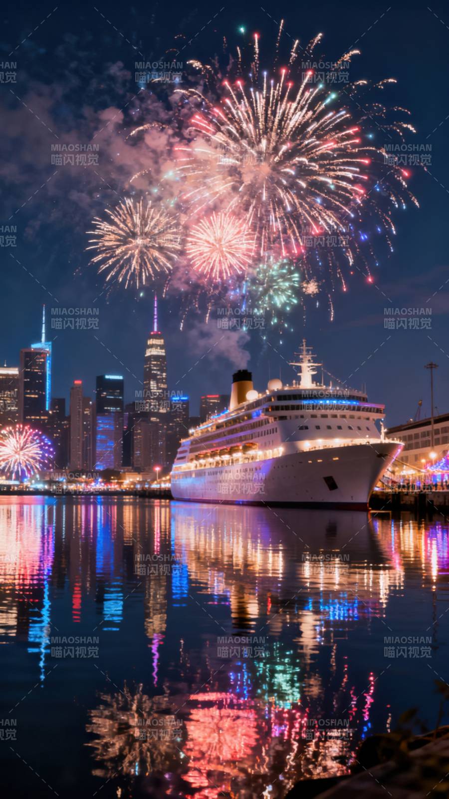 烟花映照邮轮夜景图片