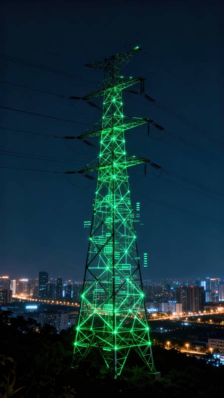 夜幕下的绿色电塔图片