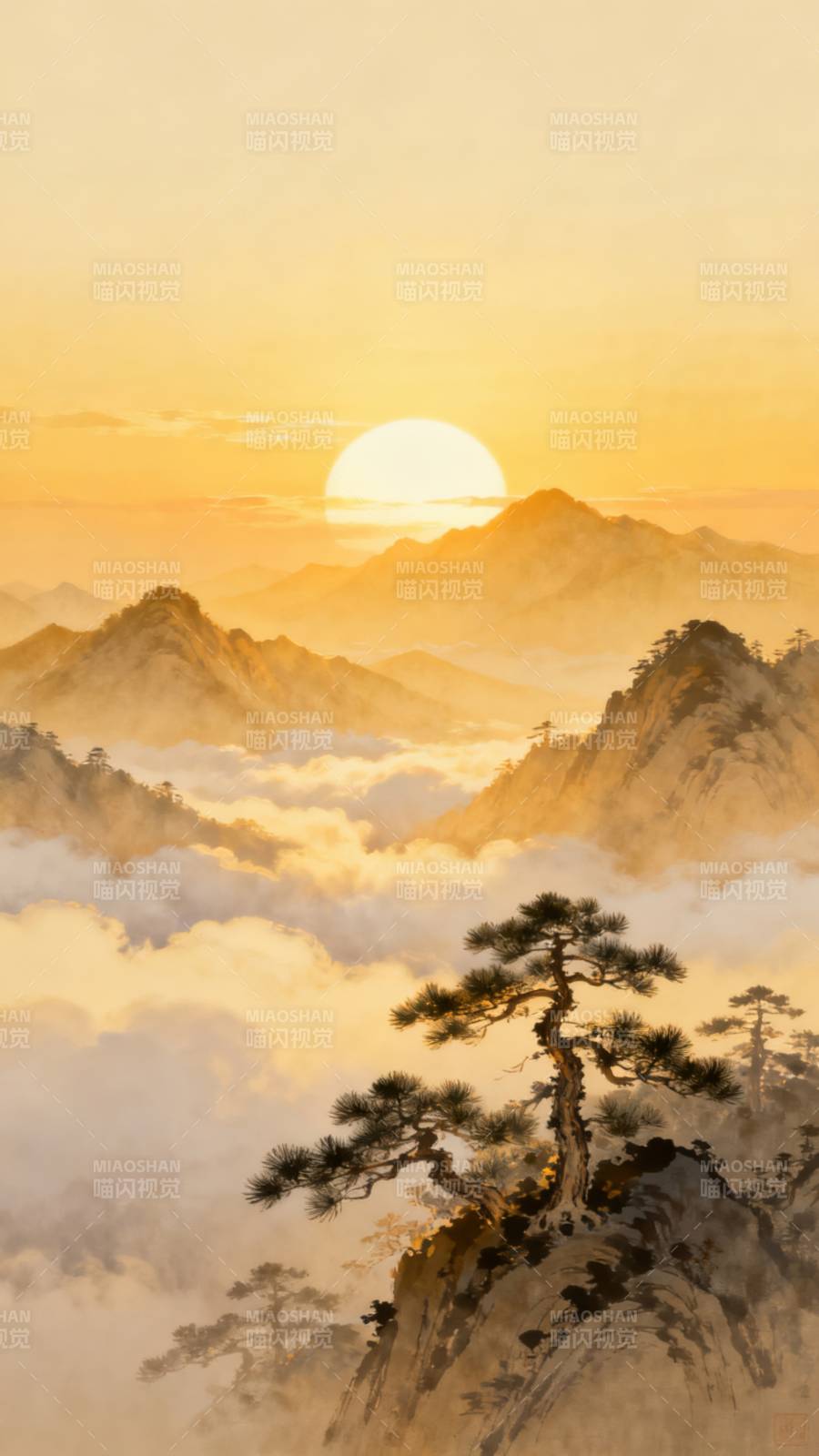 云海日出山松图图片