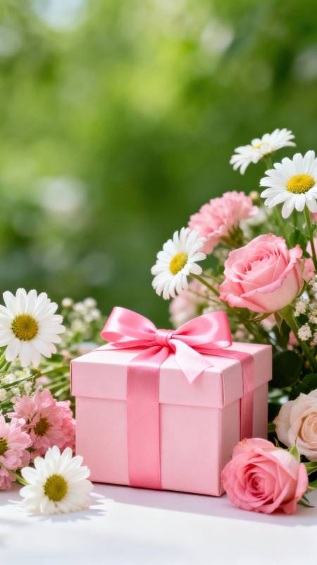 粉礼盒与鲜花图片