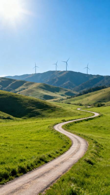 风车山径绿野行图片