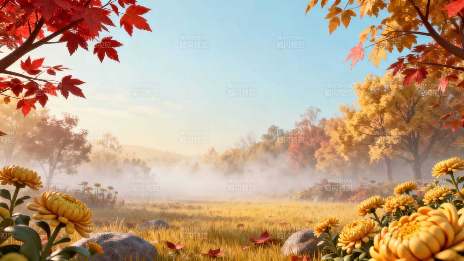 秋日晨雾花海图片
