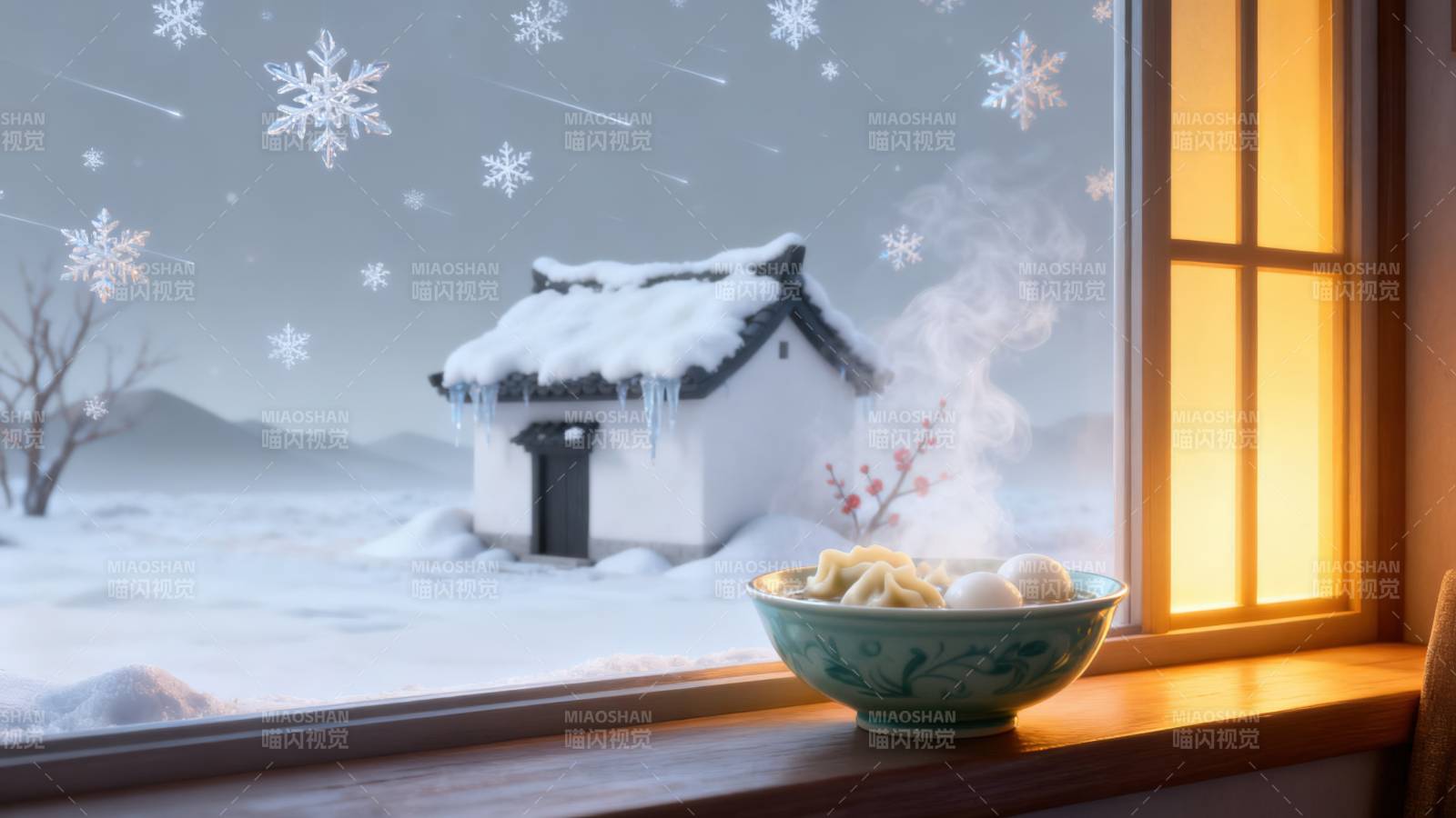 冬日窗前汤圆与饺子图片