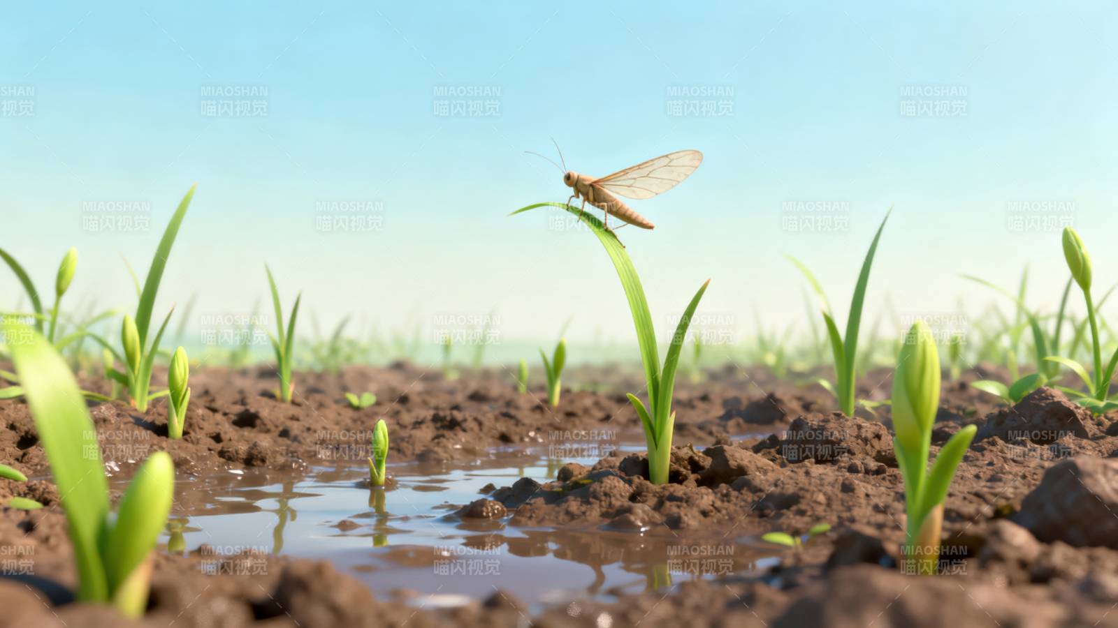 新生草地与昆虫特写图片