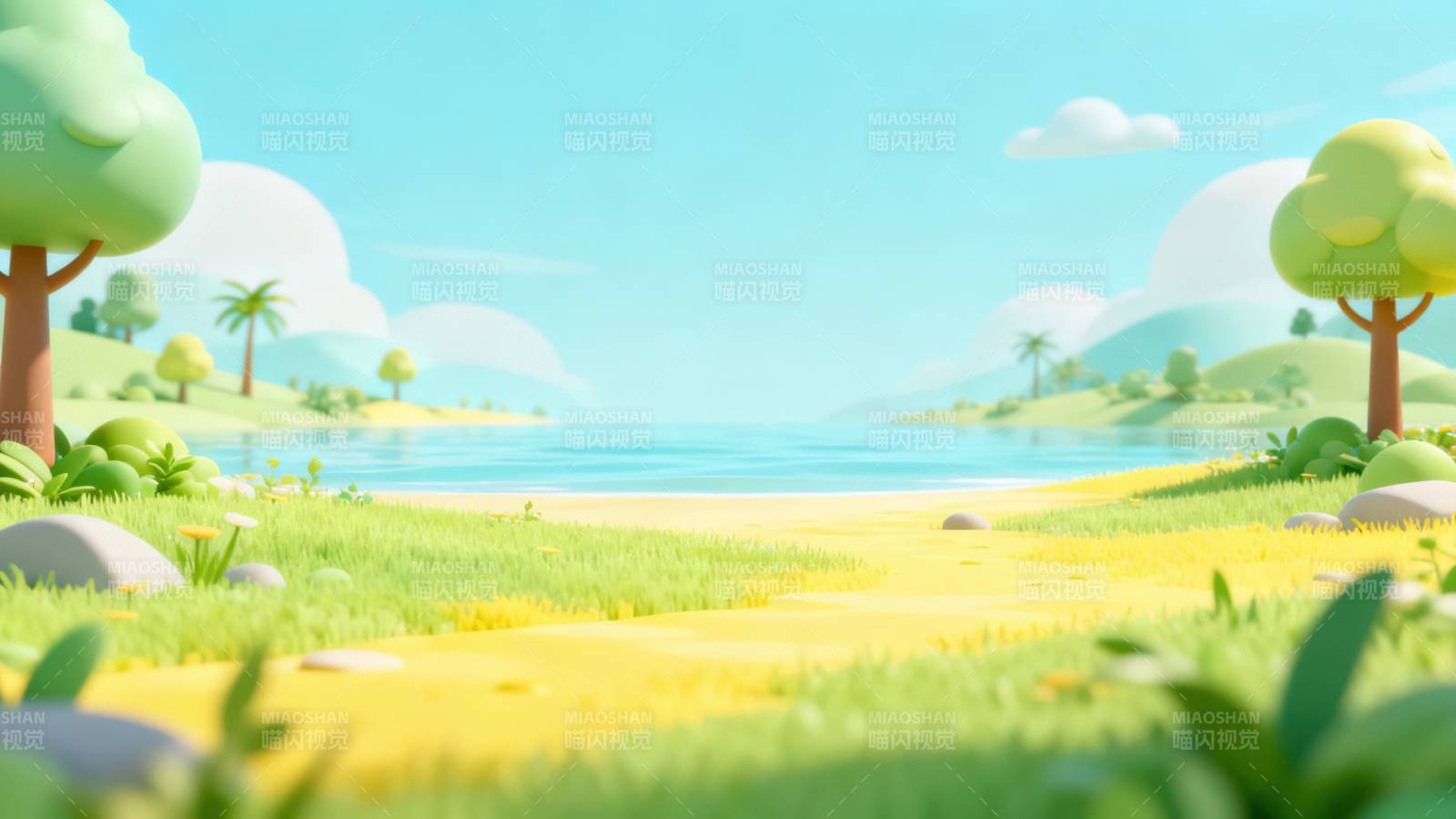 卡通湖畔绿树草地风景图片