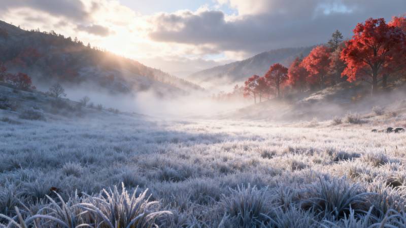 霜冻山谷晨曦美景图片