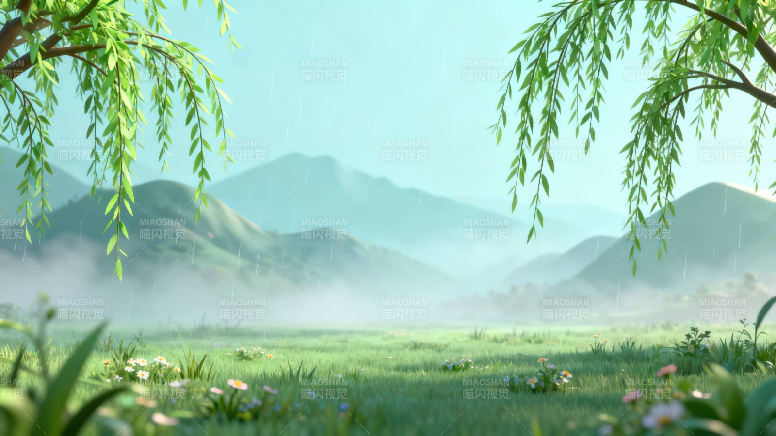 春日细雨柳树草地图片