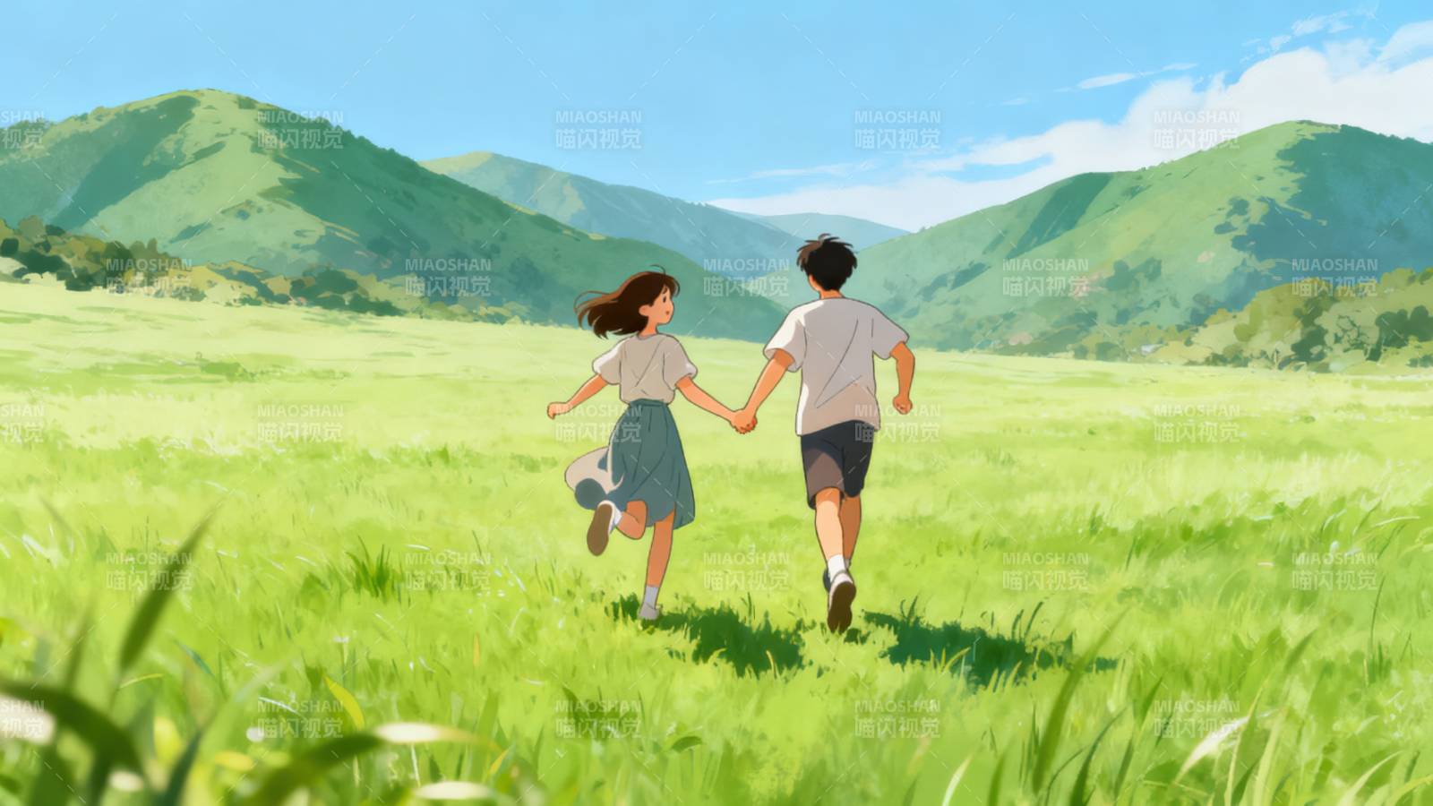 奔跑在绿色原野的两人图片
