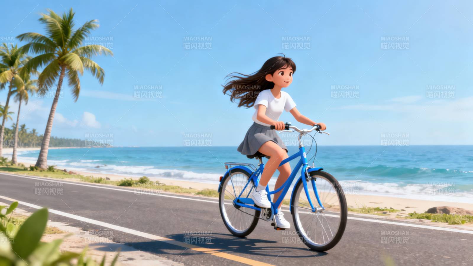 女孩海边骑自行车图片